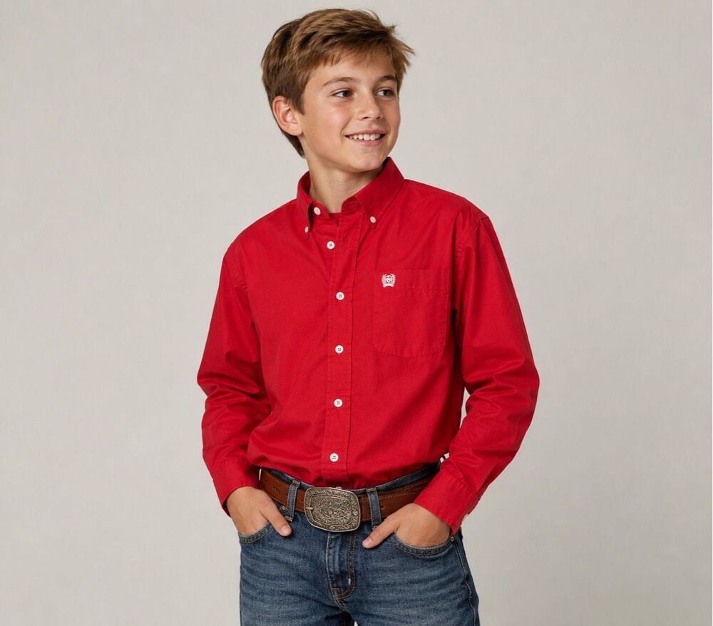 CINCH Boys Size 10 Medium Red Western Button Down Long Sleeve Shirt
